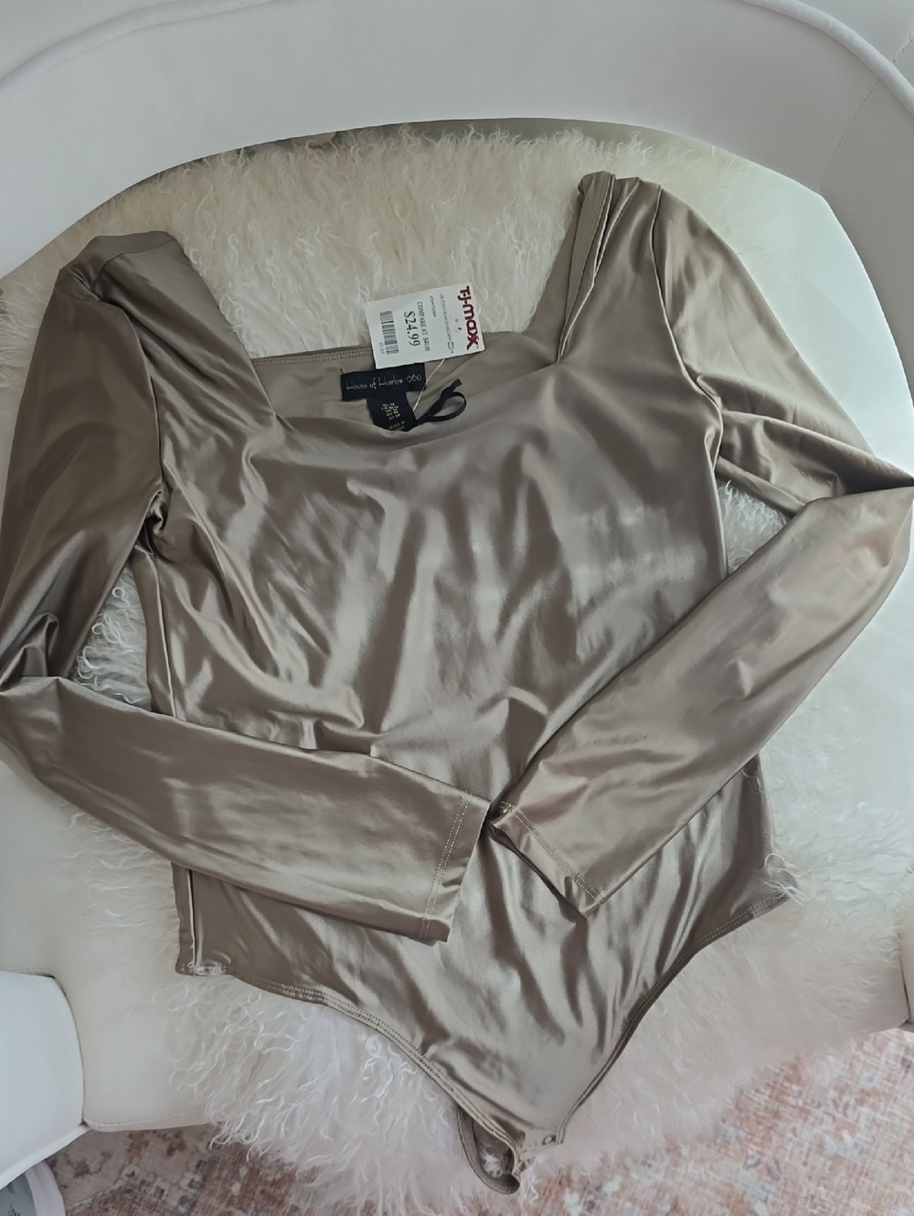 House of Harlow 1960 Satin Taupe Long-Sleeve Bodysuit